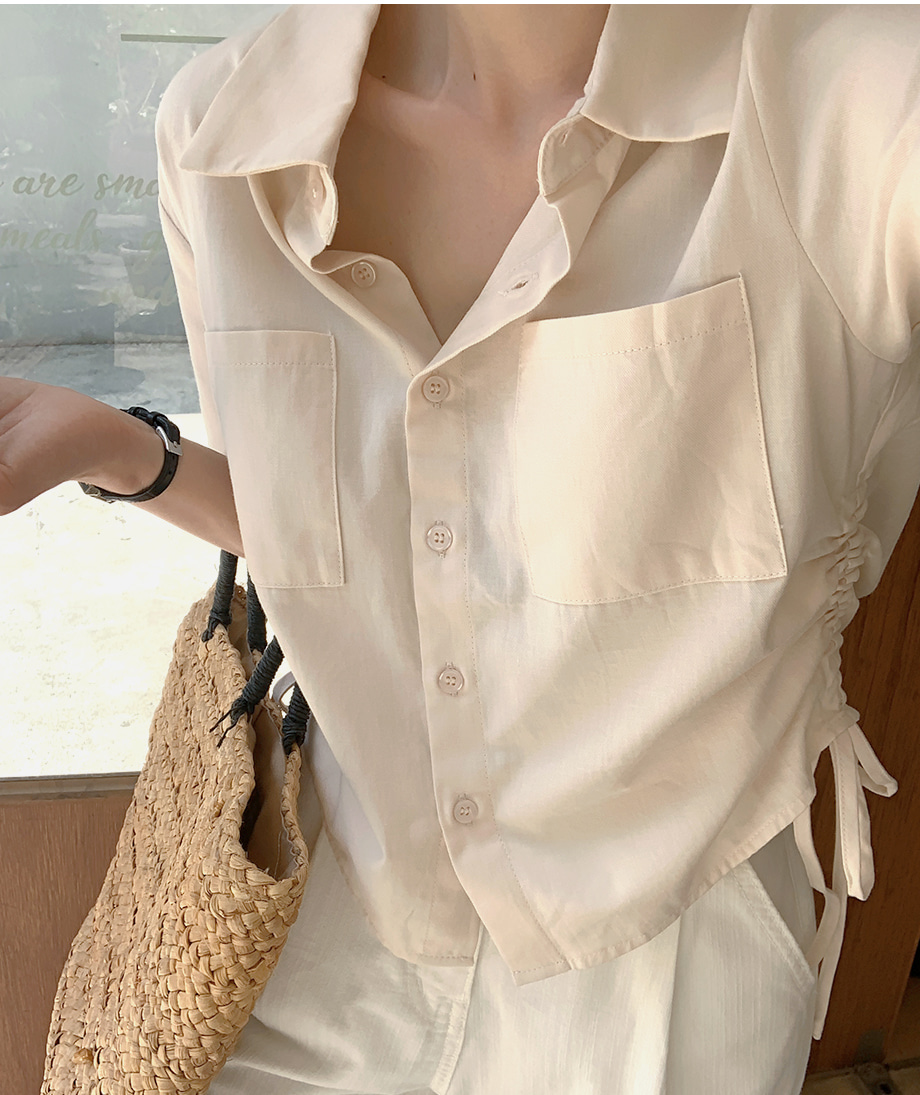 リリエンコ コットンポケットシャーリング半袖クロップドシャツ