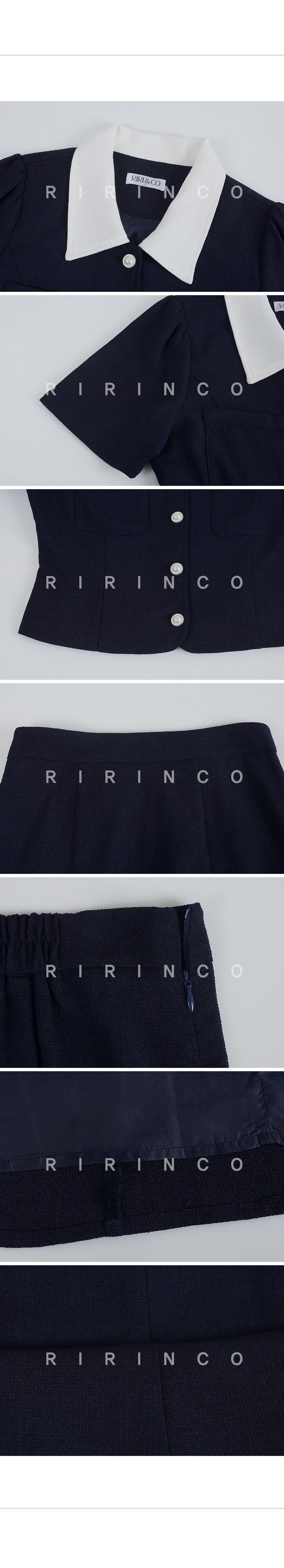 RIRINCO ツイード配色カラーネックジャケット&後ろゴムロングスカート上下セット