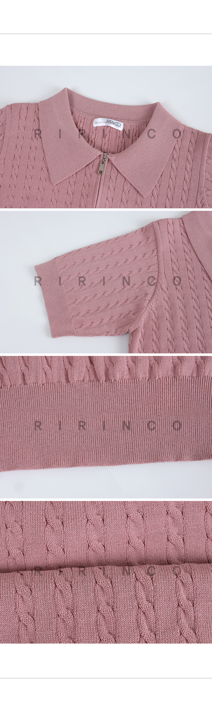 RIRINCO ケーブル編みカラーネックハーフジップ半袖ニット