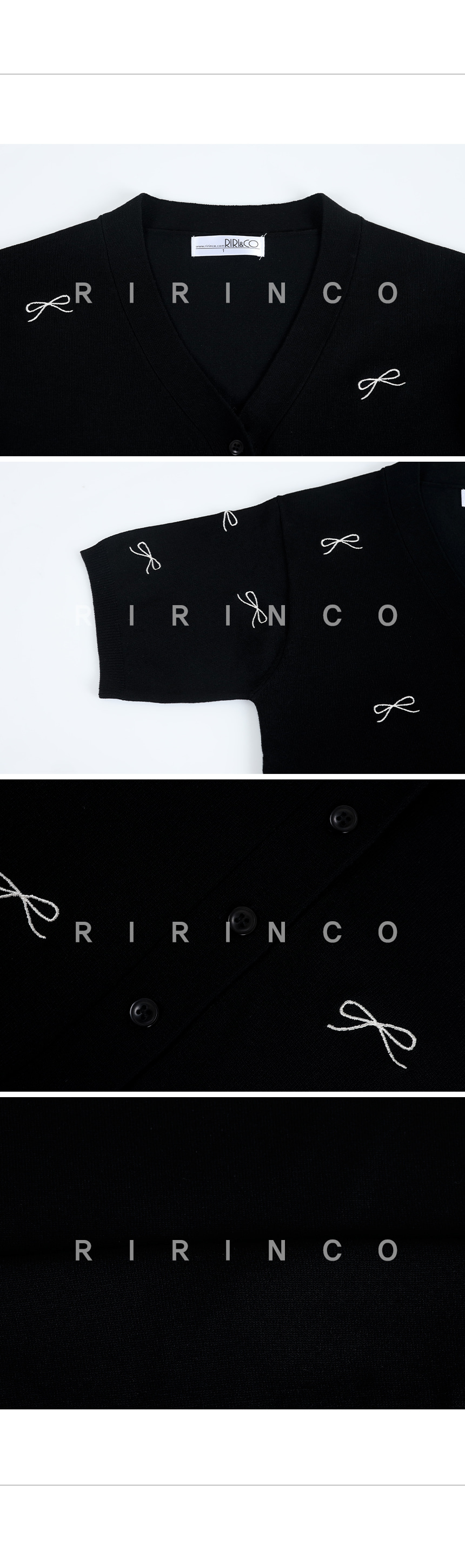 RIRINCO Vネックリボン刺繍半袖ニットカーディガン 