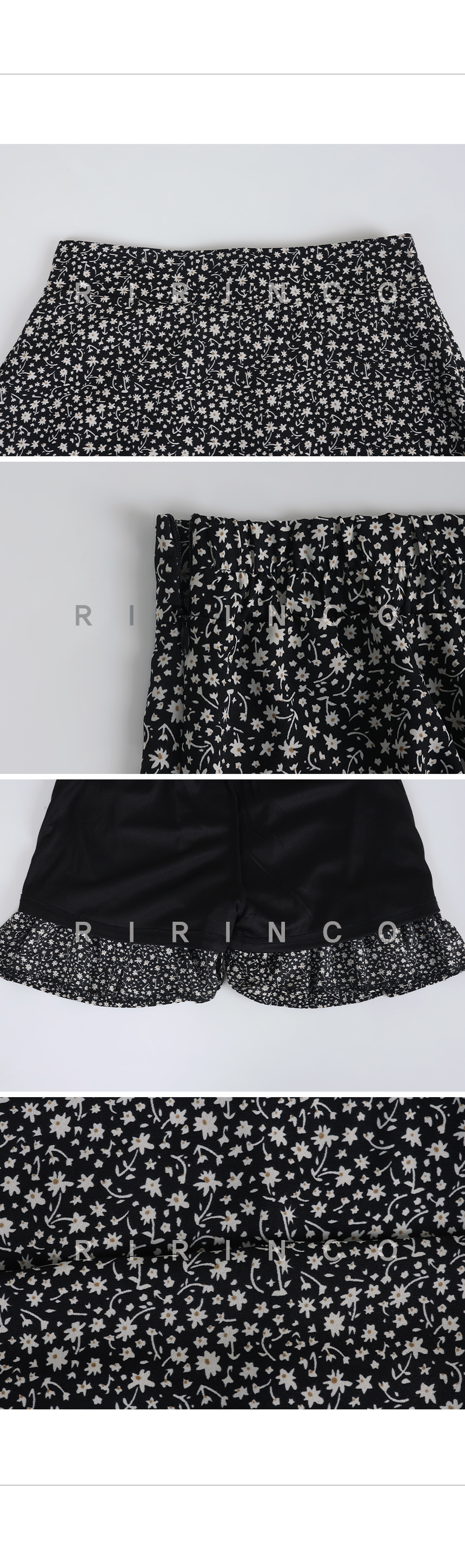 RIRINCO 小花柄フリル後ろゴムミニスカート(インナーパンツ付き)