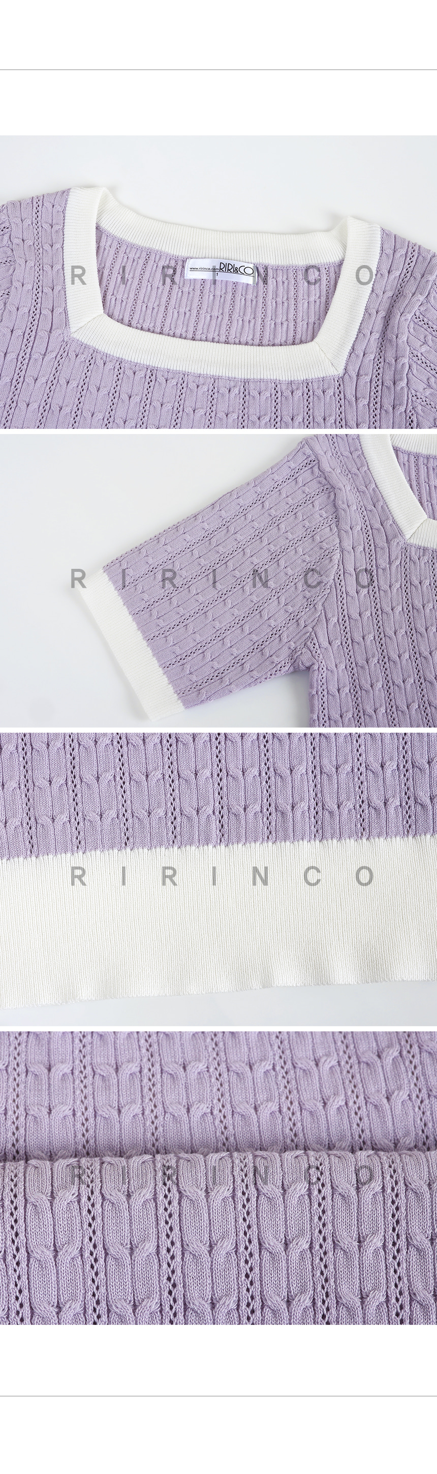 RIRINCO ケーブル編み配色セミクロップド丈半袖ニット